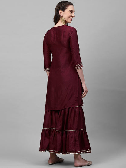 Dhiyona IE Women Burgundy Embroidered Kurta with Sharara
