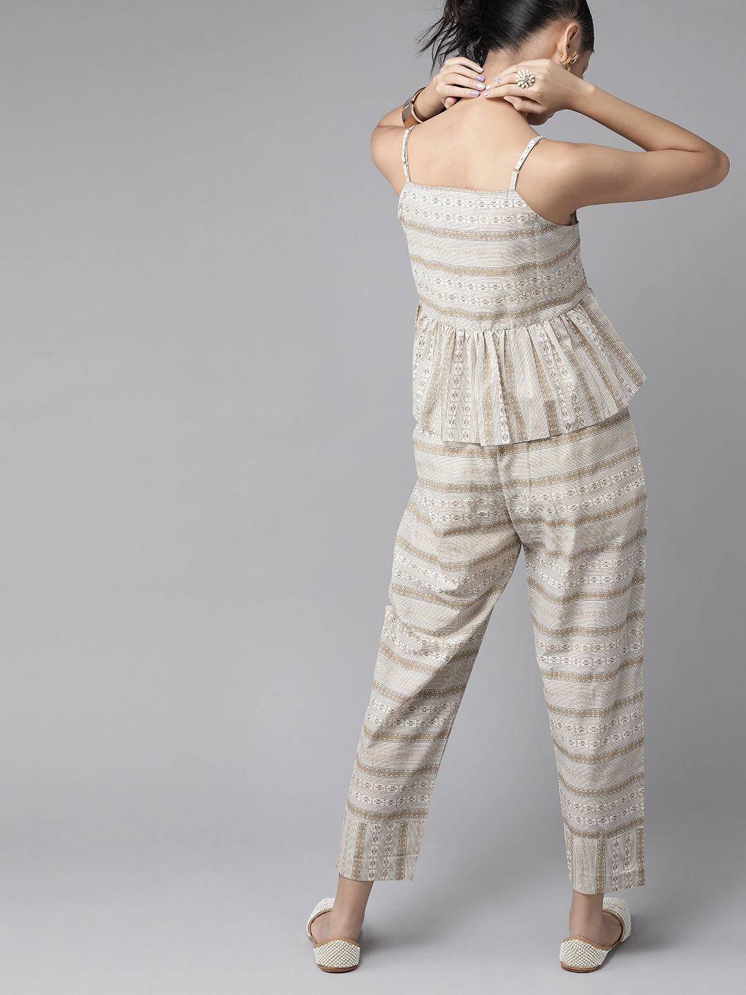 Dhiyona IE Women Off-White & Beige Printed Pure Cotton A-line Top with Trousers