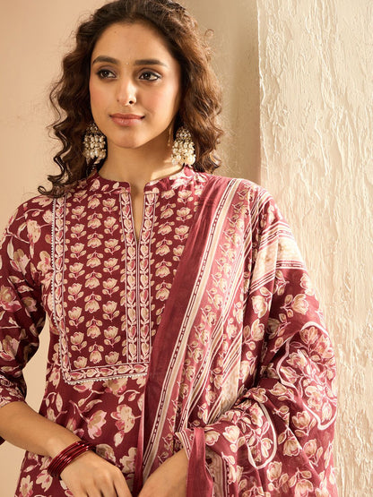 Dhiyona IE Women Floral Printed Pure Cotton Kurta with Trouser & With Dupatta
