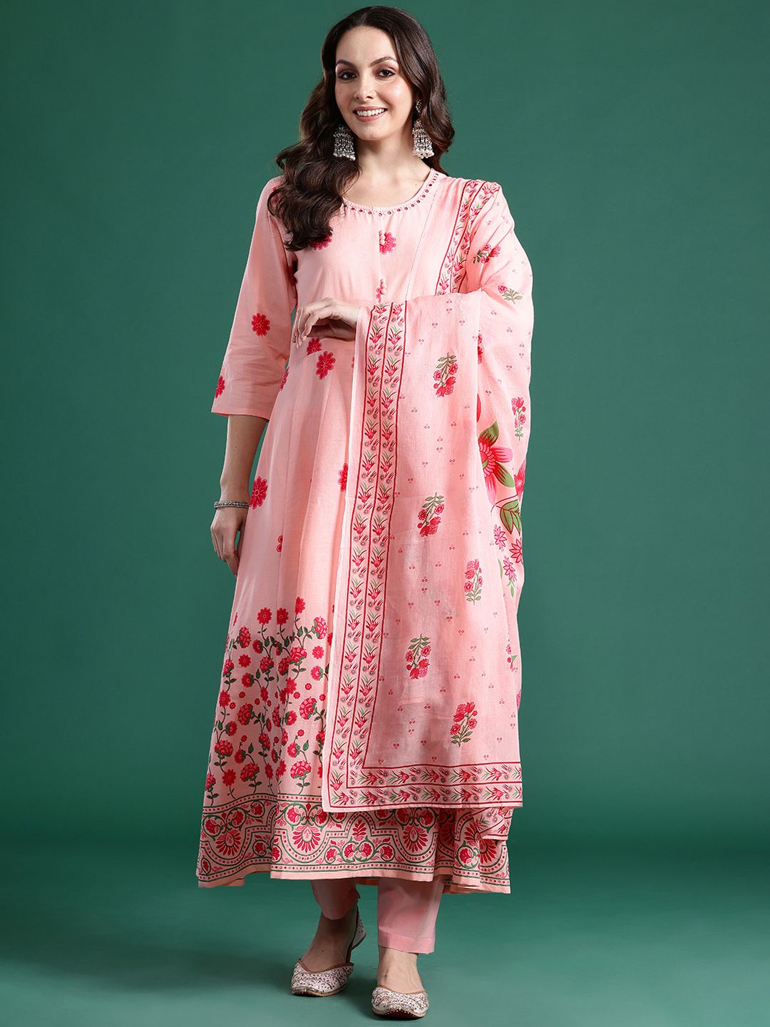 Floral Printed Beads & Stones Pure Cotton Kurta With Trousers & Dupatta