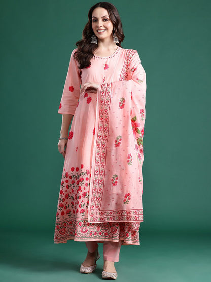 Floral Printed Beads & Stones Pure Cotton Kurta With Trousers & Dupatta
