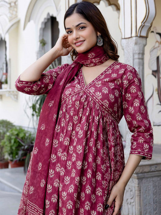 Dhiyona IE Women Floral Printed Empire Pure Cotton Kurta with Trousers & With Dupatta