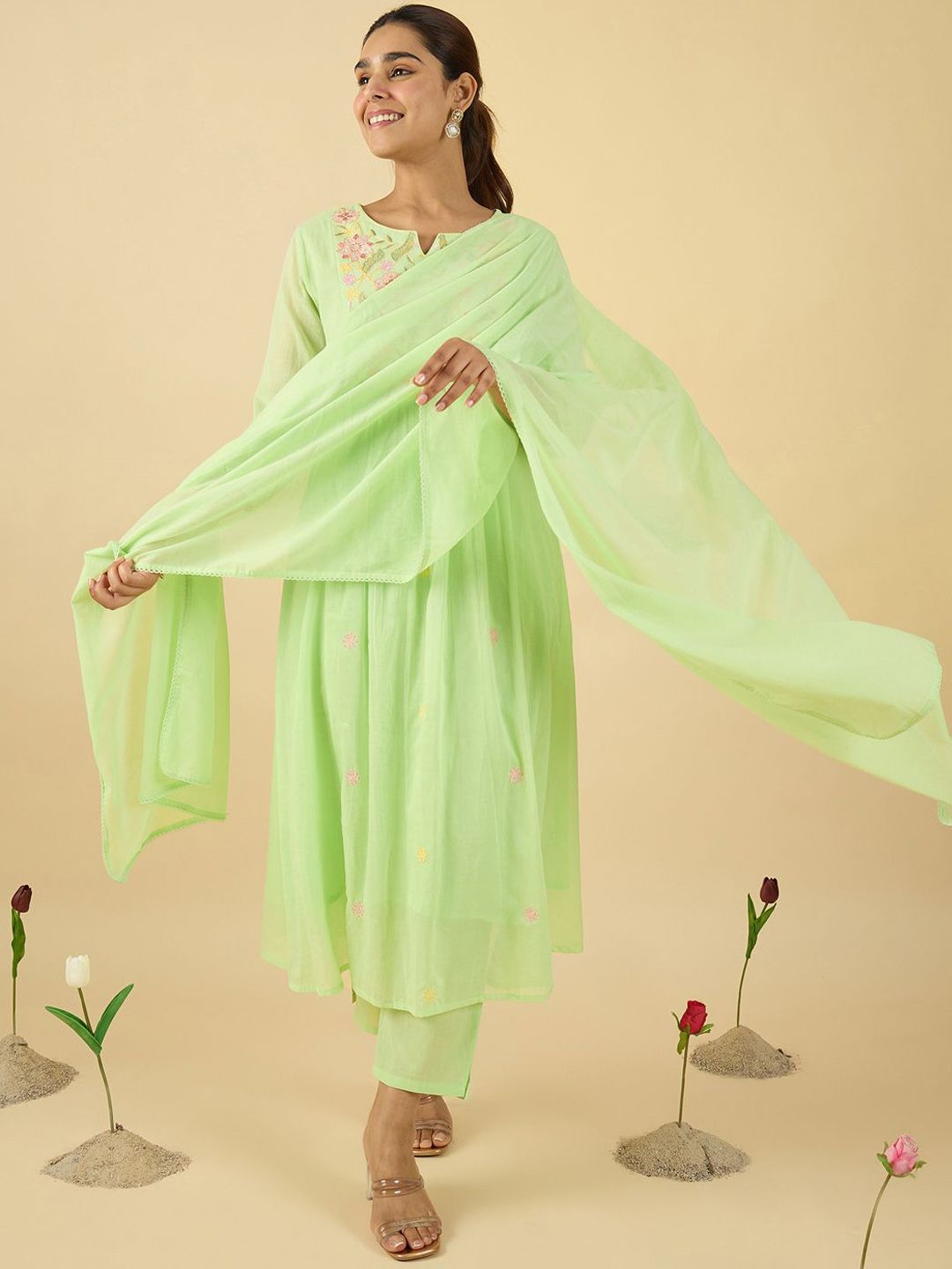Dhiyona IE Women Embroidered Pure Cotton A-Line Kurta with Trousers & With Dupatta