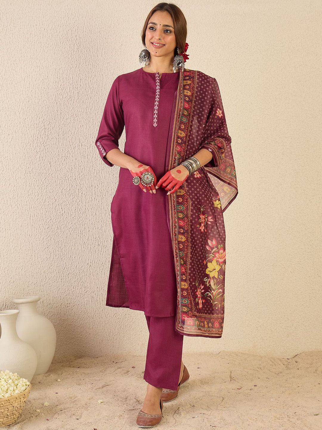 Women Ethnic Motifs Embroidered Regular Kurta with Trousers & Printed Dupatta