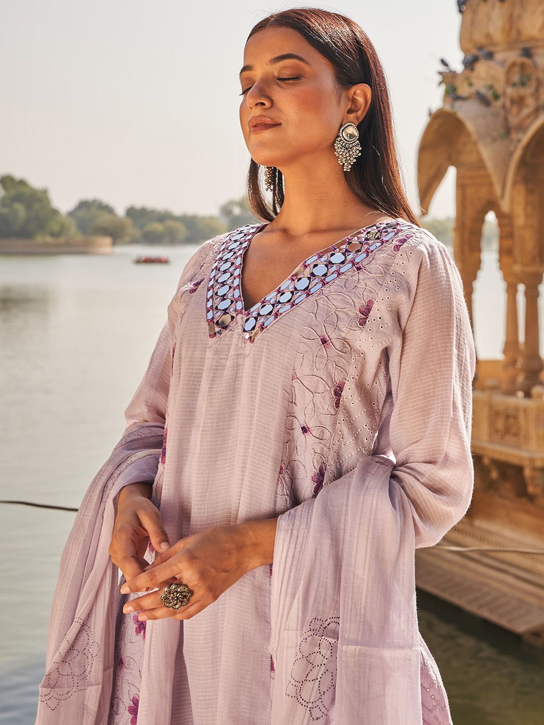 Floral Embroidered Mirror Work Anarkali Pure Cotton Kurta With Trousers & Dupatta