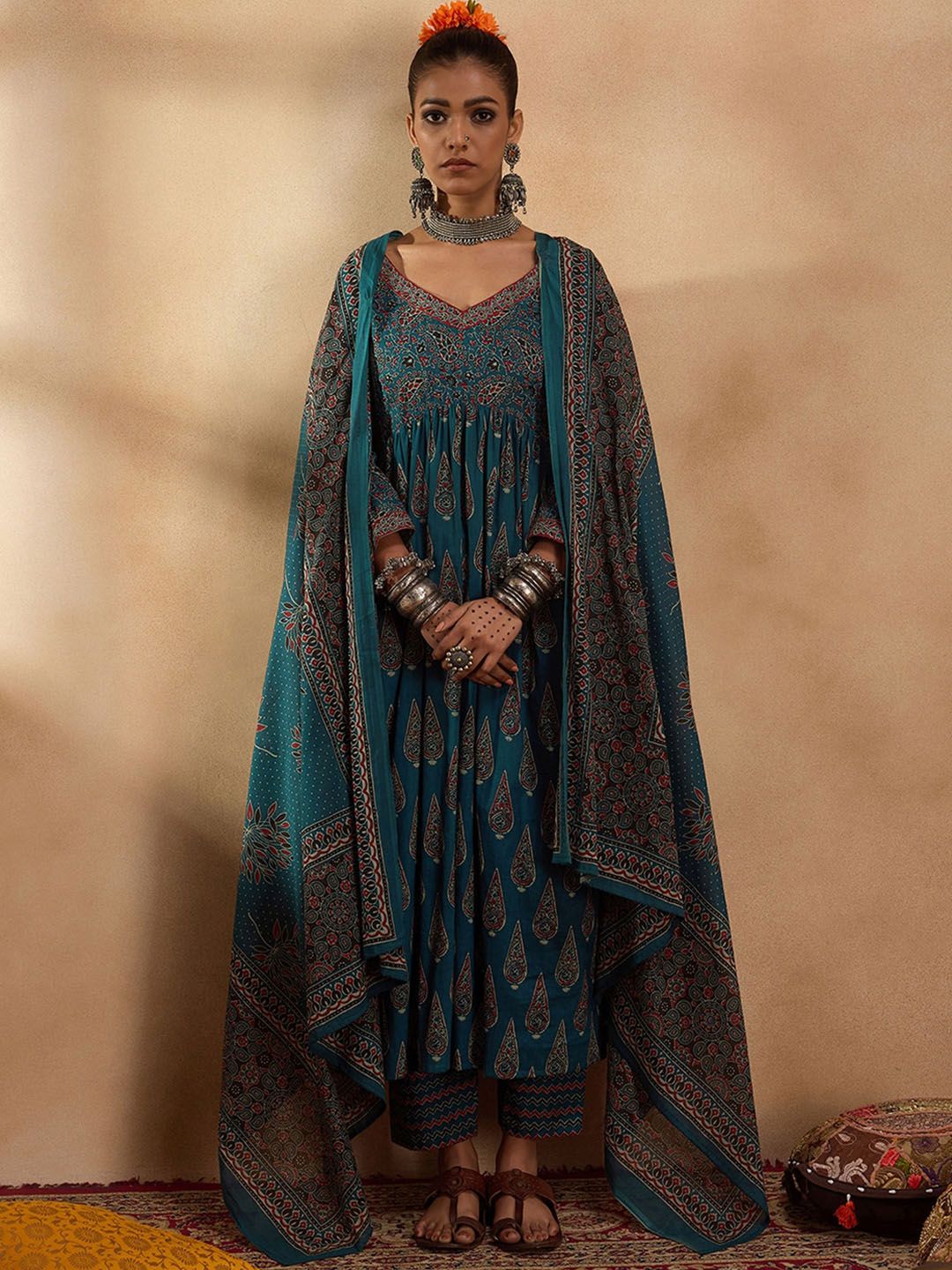 Dhiyona IE Floral Printed Empire Pure Cotton A-Line Kurta with Trousers & Dupatta