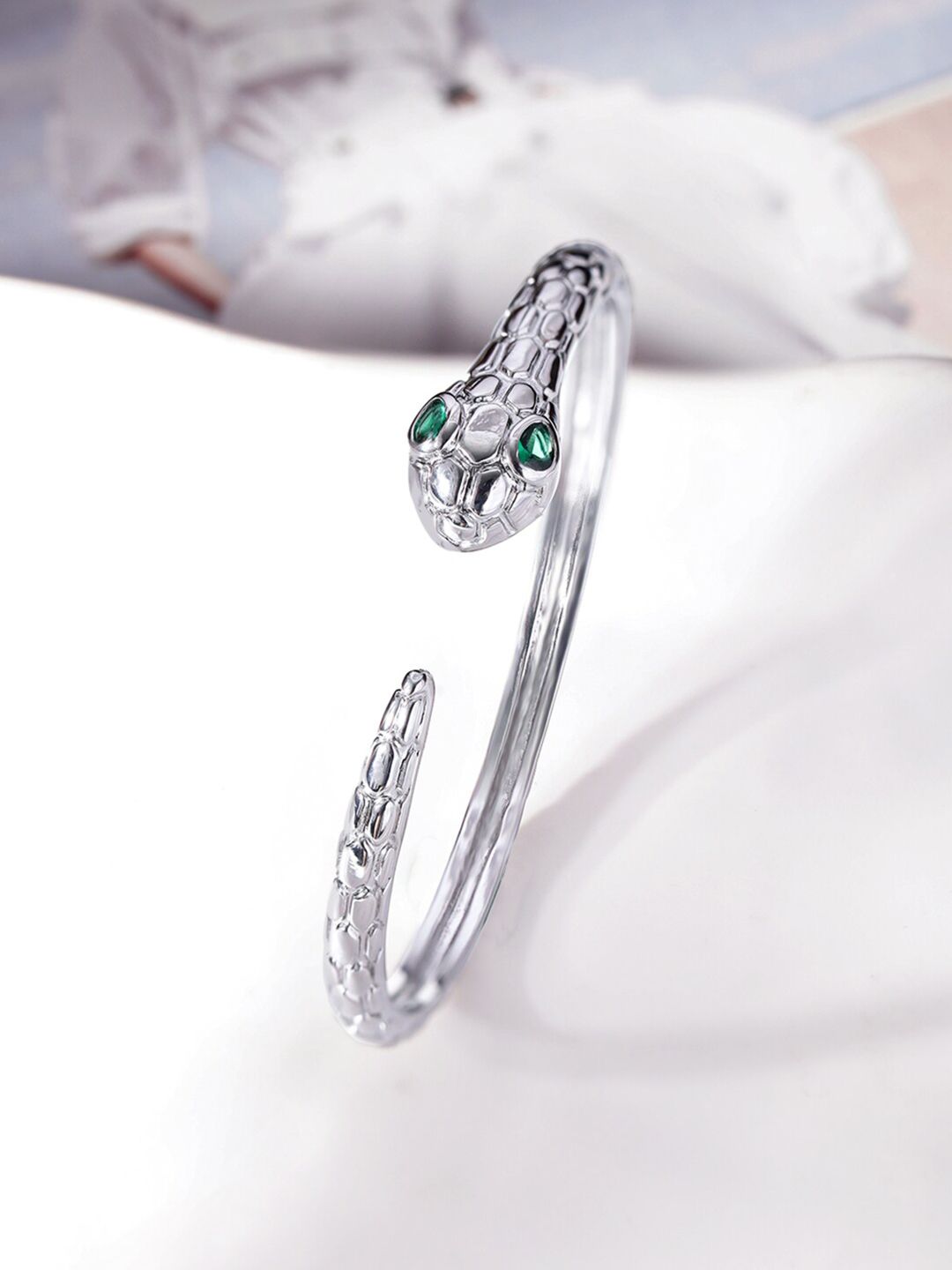 Dhiyona RJ Women's Rhodium Plated Tarnish Free Waterproof Demi Fine Emerald Studded Serpent Bracelet