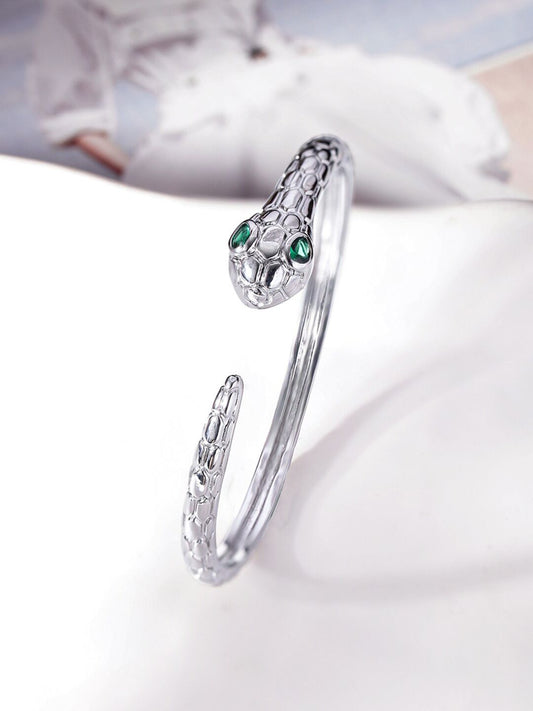 Dhiyona RJ Women's Rhodium Plated Tarnish Free Waterproof Demi Fine Emerald Studded Serpent Bracelet