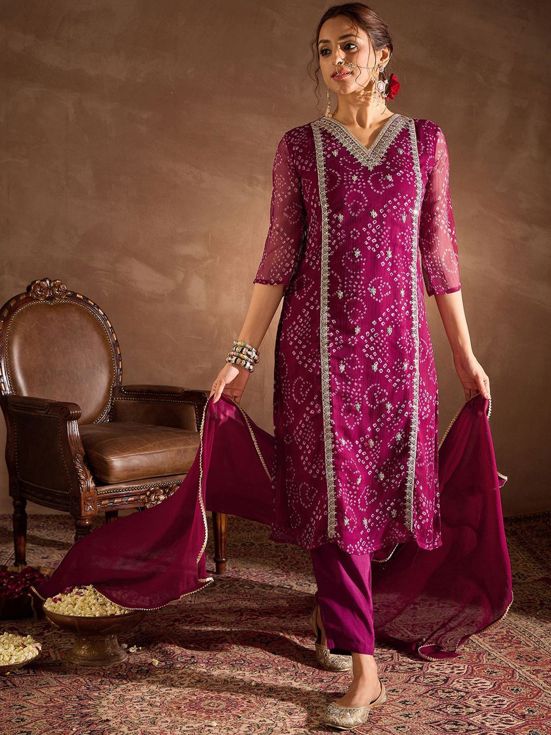 Bandhani Printed V-Neck Zari Silk Chiffon Straight Kurta With Trousers & Dupatta