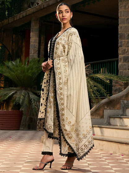 V Neck Floral Embroidered Thread Work Pure Cotton Kurta with Trouser & Dupatta