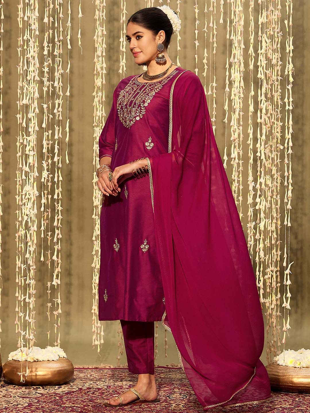 Dhiyona IE Ethnic Motifs Embroidered Zari Straight Kurta With Trousers & Dupatta