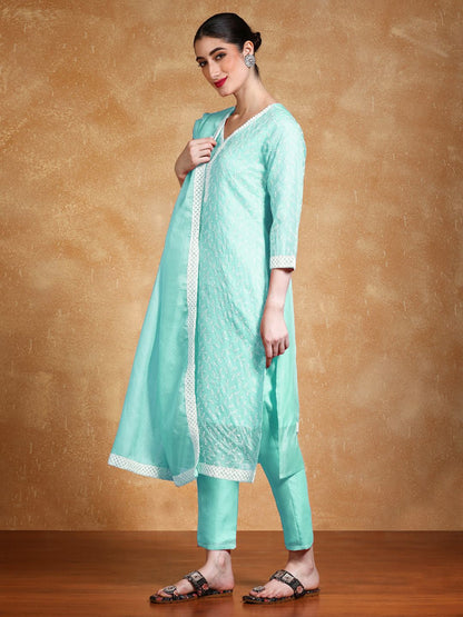 Dhiyona VA Women's Floral Embroidered Regular Thread Work Kurta with Trousers & Dupatta