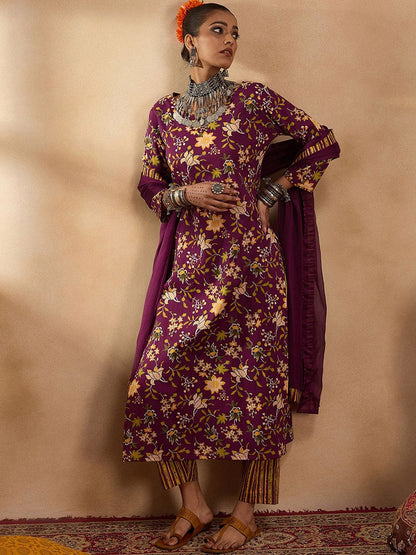 Dhiyona IE Floral Printed Round Neck Three-Quarter Sleeves Pure Cotton Kurta Set