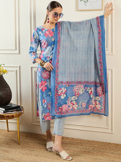 Floral Printed V-Neck Pure Cotton Straight Kurta With Trousers & Dupatta