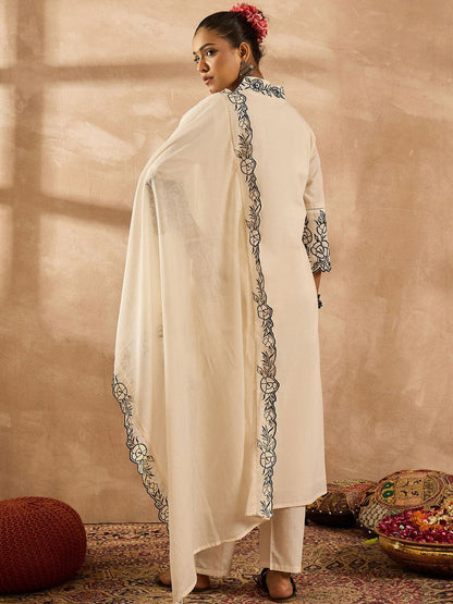 Women Floral Embroidered Regular Thread Work Pure Cotton Kurta with Trousers & With Dupatta