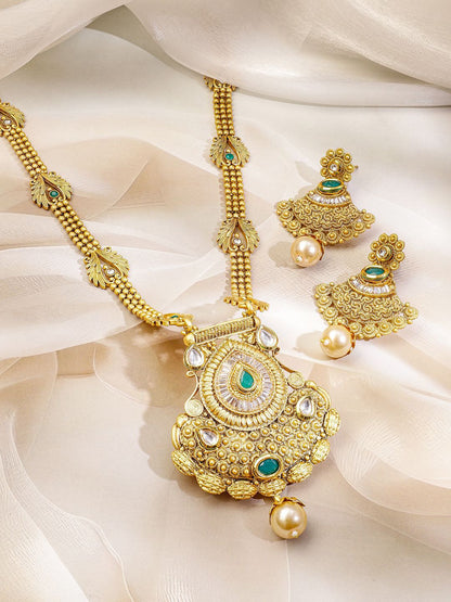 Dhiyona RJ Women's 22K Gold-Plated Emerald Green Stone Studded Traditional Temple Long Necklace Set