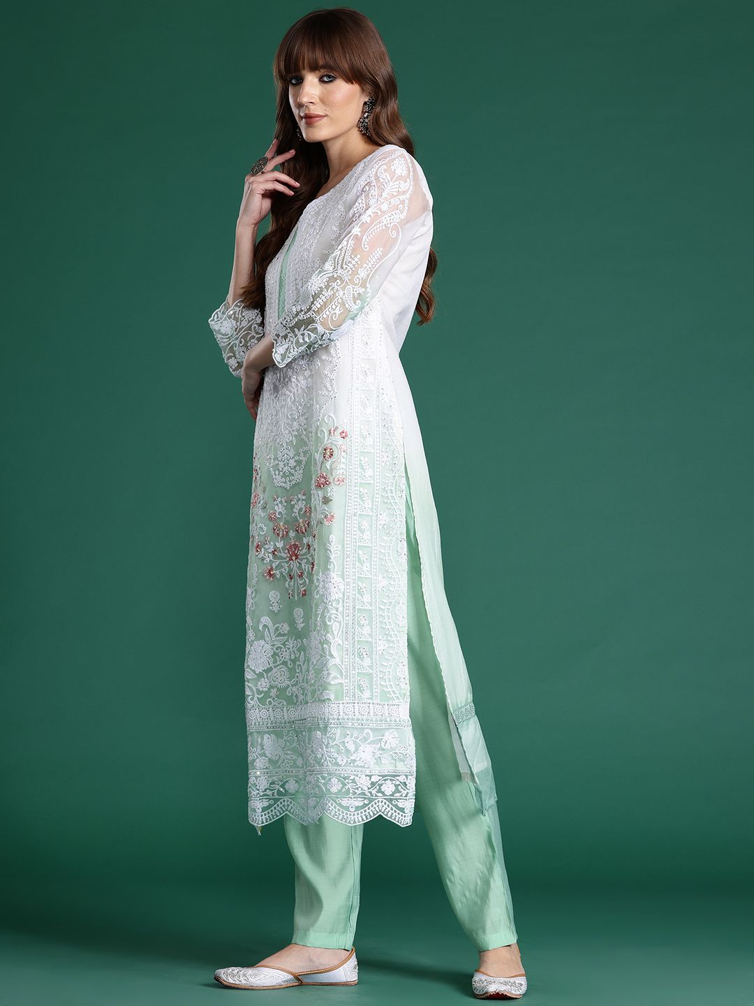 Floral Embroidered Regular Sequinned Kurta With Trousers & Dupatta