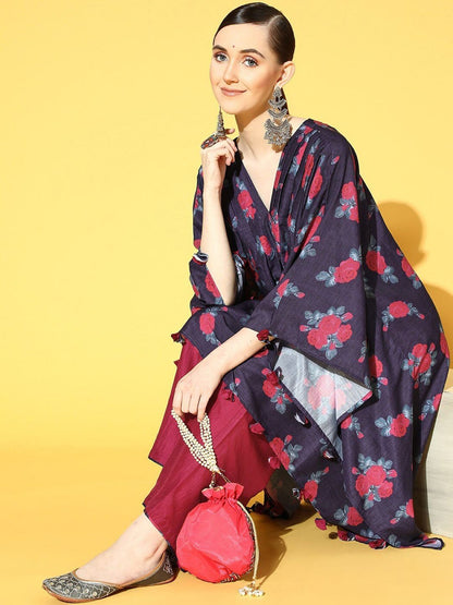 Dhiyona VA Women's Navy Blue Floral Printed Kurta with Trousers