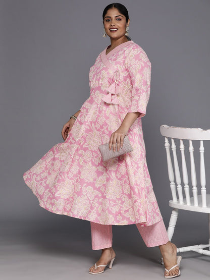 Dhiyona VA Women'sPlus Size Floral Printed Angrakha Gotta Patti Pure Cotton Kurta with Trousers