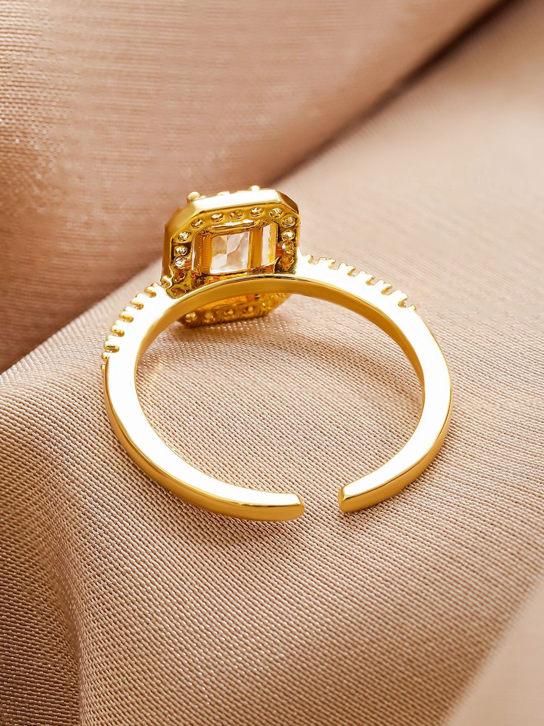 Dhiyona RJ Women's 18K Gold-Plated Adjustable White Cubic Zirconia Studded Rectangular Halo Ring