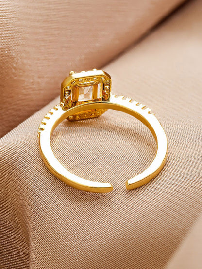 Dhiyona RJ Women's 18K Gold-Plated Adjustable White Cubic Zirconia Studded Rectangular Halo Ring