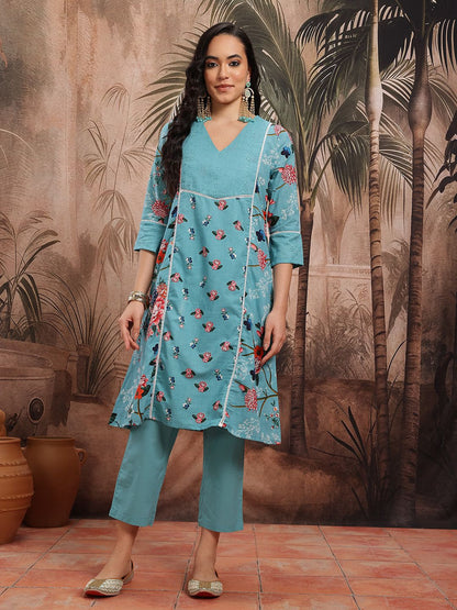 Dhiyona SN Women's Floral Print Lace Inserts Paneled Kurta With Trousers