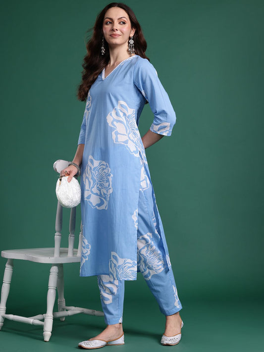 Dhiyona IE Floral Printed Regular Pure Cotton Kurta with Trousers