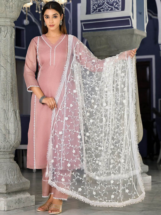 Dhiyona VA Women'sFloral Regular Thread Work Kurta with Trousers & Dupatta