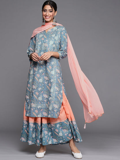 Dhiyona VA Women's Blue Ethnic Motifs Printed Straight Kurta with Sharara & With Dupatta