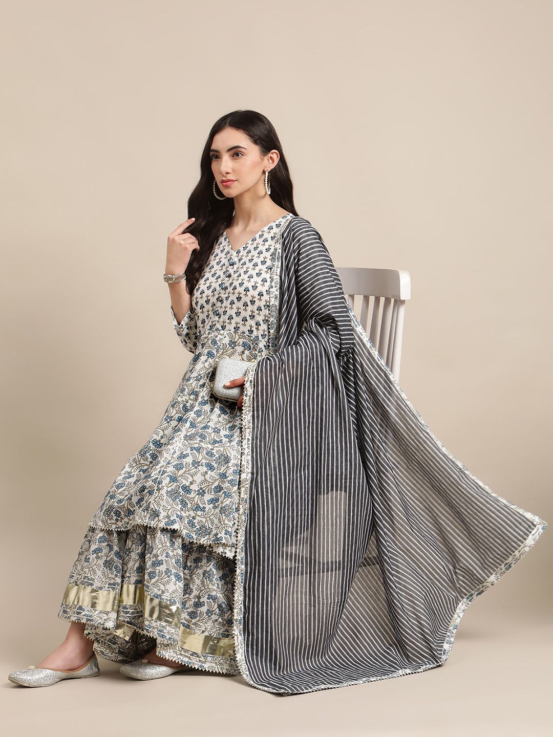 Dhiyona VA Women's White Floral Printed Regular Pure Cotton Kurta with Palazzos & With Dupatta