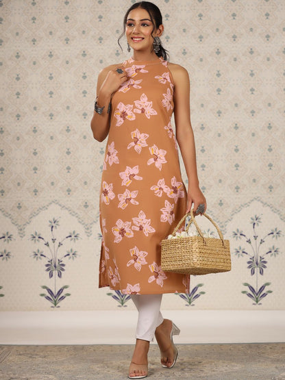 Dhiyona OD  Floral Printed Sleeveless Pure Cotton Straight Kurta