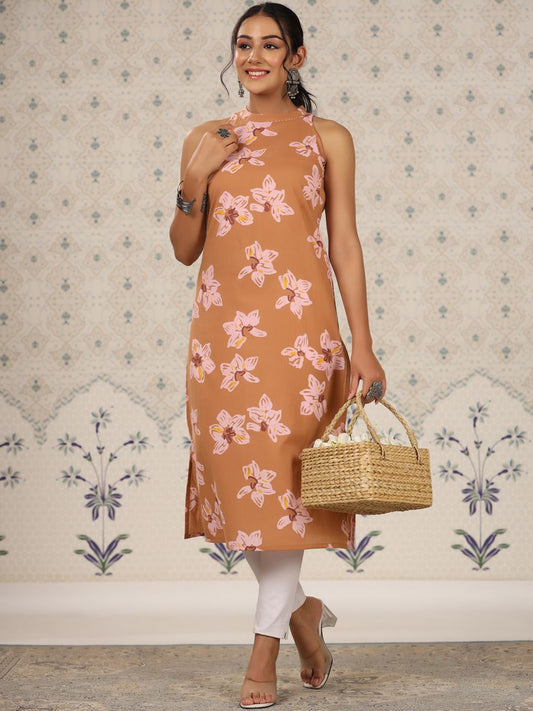 Dhiyona OD  Floral Printed Sleeveless Pure Cotton Straight Kurta