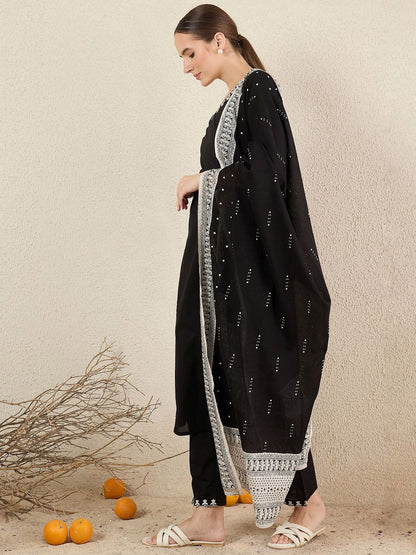 Dhiyona IE Women Floral Embroidered Cotton Kurta with Trousers & Dupatta