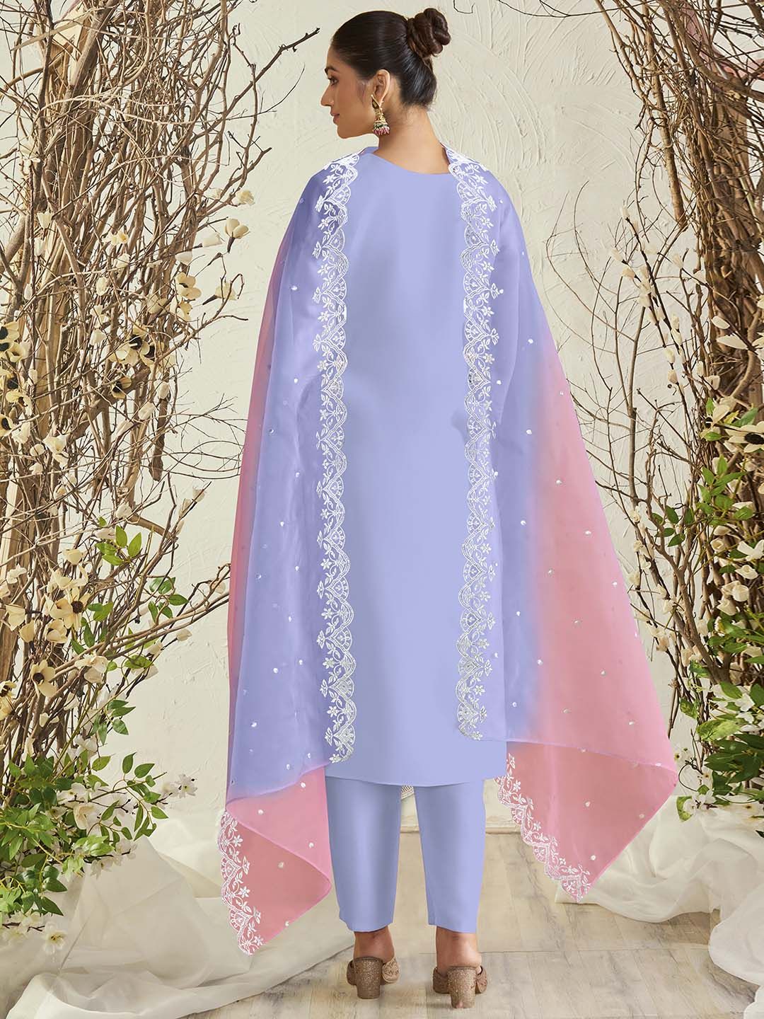 Dhiyona IE Lavender Floral Embroidered Round Neck Thread Work Kurta with Trousers & Dupatta
