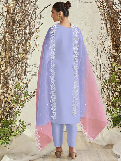 Dhiyona IE Lavender Floral Embroidered Round Neck Thread Work Kurta with Trousers & Dupatta