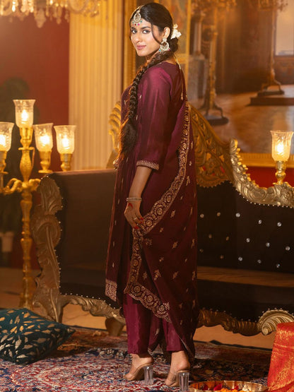 Embroidered Gotta Patti Work Round Neck Kurta With Trousers & Dupatta