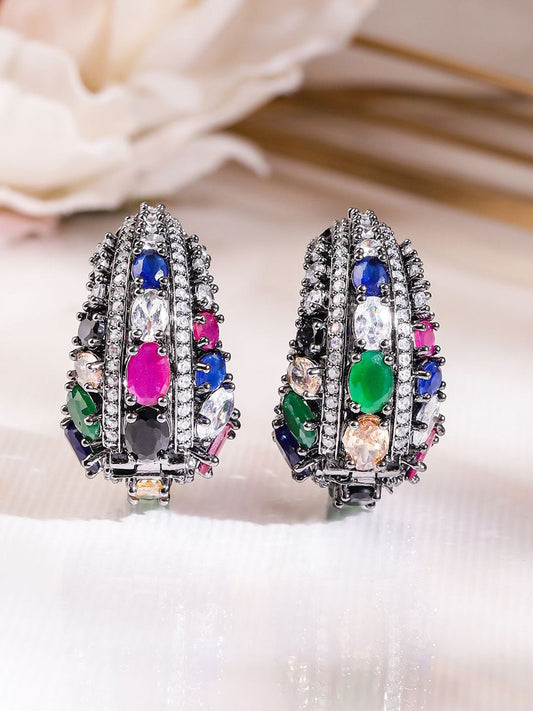 Dhiyona RJ Women's Black-Toned Multicolour Gemstone & Cubic Zirconia Studded Statement Hoop Earrings
