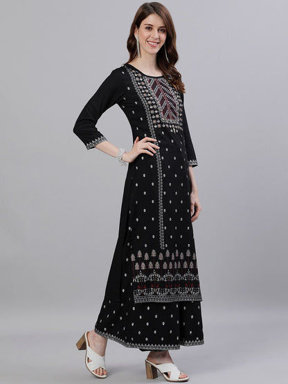 Dhiyona IS Women's Women Black Ethnic Motifs Printed Panelled Kurta with Palazzos & Dupatta