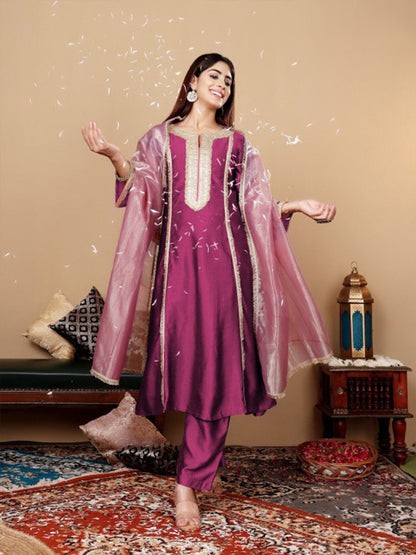 Dhiyona VA Women'sYoke Design Regular Sequinned Kurta with Trousers & With Dupatta