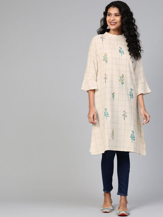 Dhiyona IE Women Off-White & Green Checked A-Line Kurta