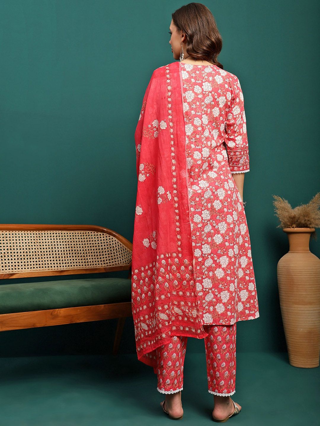 Dhiyona SN Women's Floral Printed Pure Cotton V Neck Straight Kurta With Trousers & Dupatta