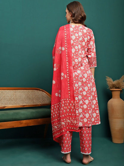Dhiyona SN Women's Floral Printed Pure Cotton V Neck Straight Kurta With Trousers & Dupatta