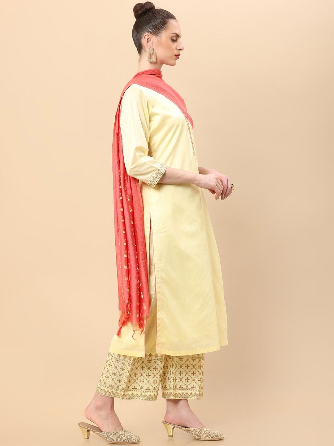 Dhiyona SO Women's Women Yellow Floral Embroidered Thread Work Raw Silk Kurta with Palazzos & With Dupatta