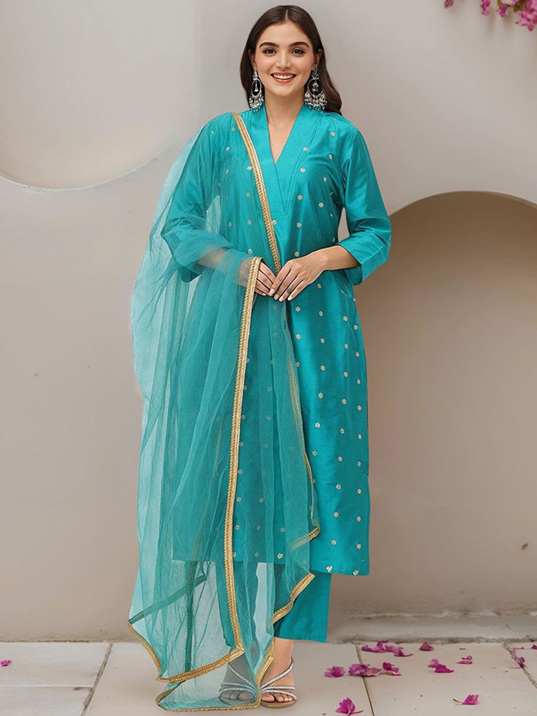 Dhiyona IS Women's Floral Embroidered Sequinned Straight Kurta With Trousers & Dupatta