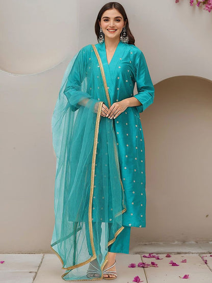 Dhiyona IS Women's Floral Embroidered Sequinned Straight Kurta With Trousers & Dupatta