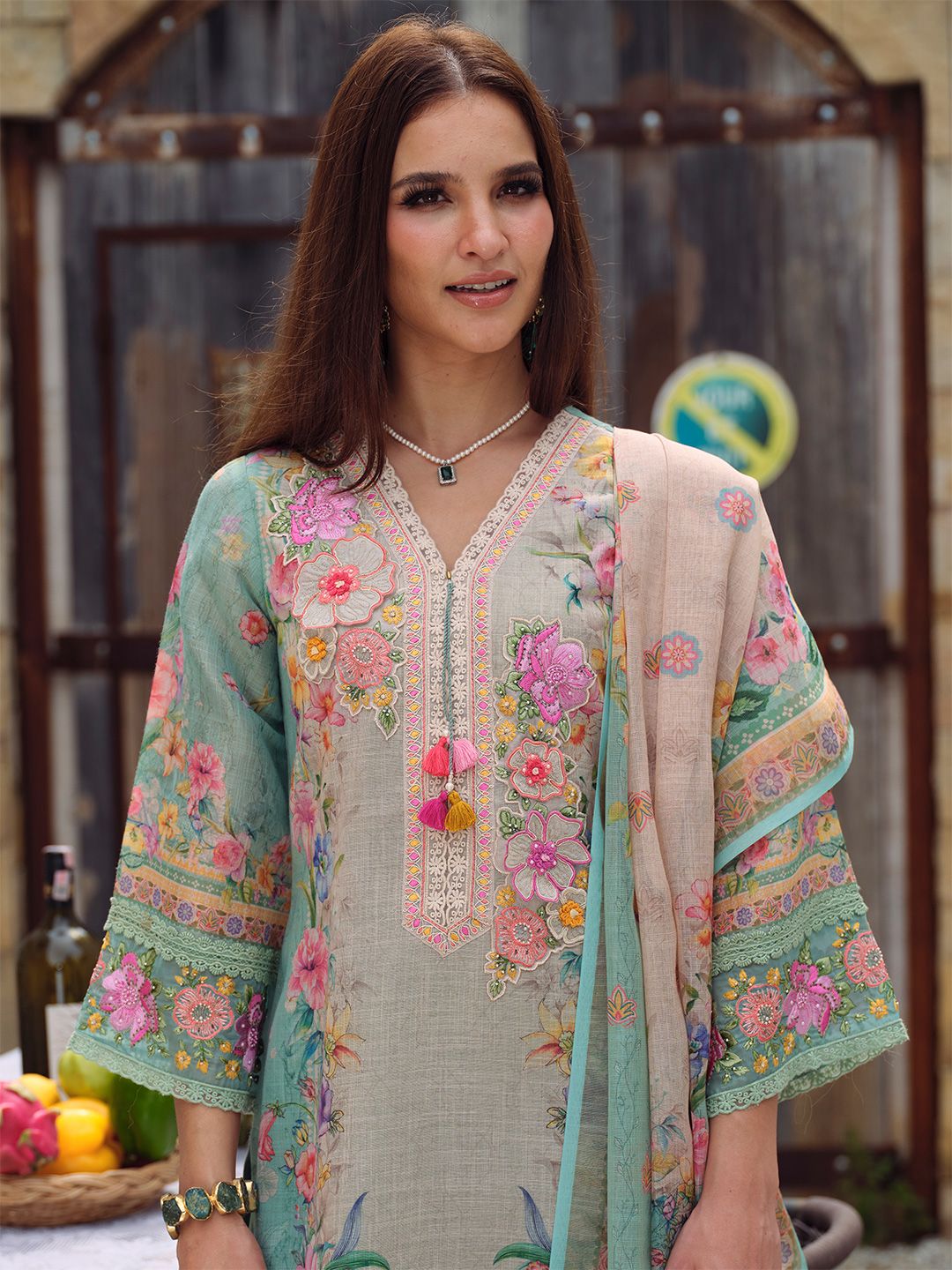 Dhiyona IE Floral Embroidered Beads and Stones Straight Kurta With Trousers & Dupatta