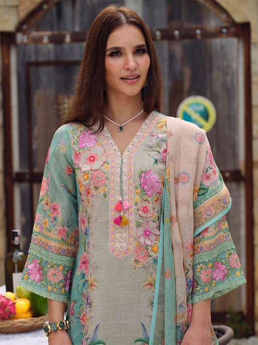 Floral Embroidered Beads and Stones Straight Kurta With Trousers & Dupatta