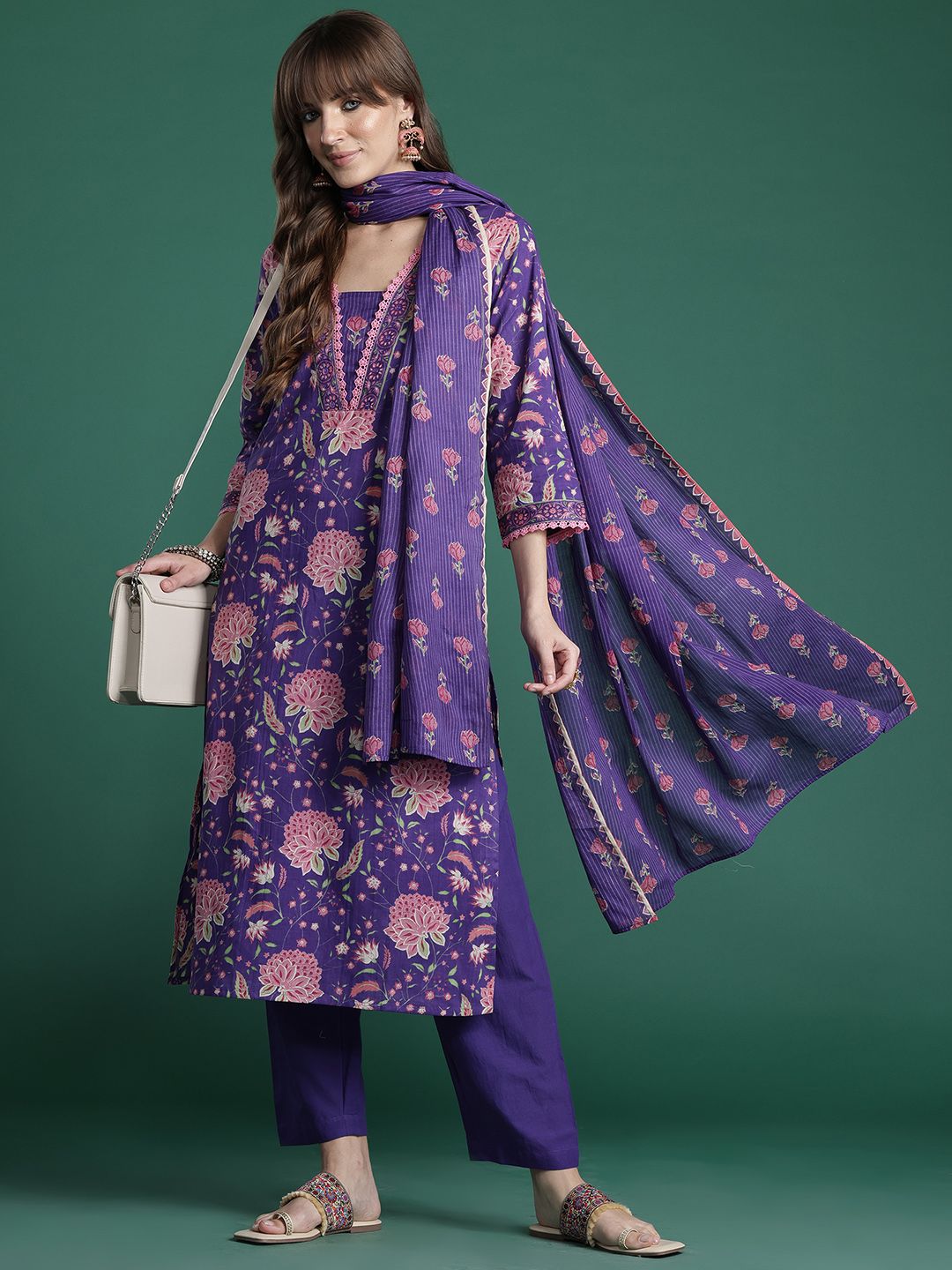 Dhiyona IE Floral Printed Beads & Stones Pure Cotton Kurta with Trousers & With Dupatta