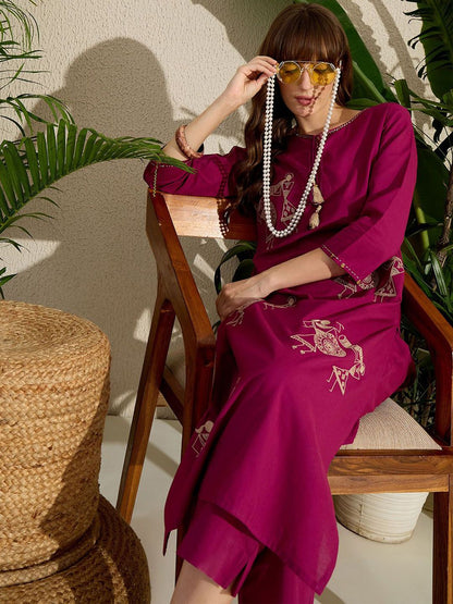 Dhiyona IE Women's Women Embroidered Regular Pure Cotton Kurta with Trousers