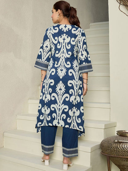 Floral Printed V-Neck Pure Cotton Kurta with Trousers
